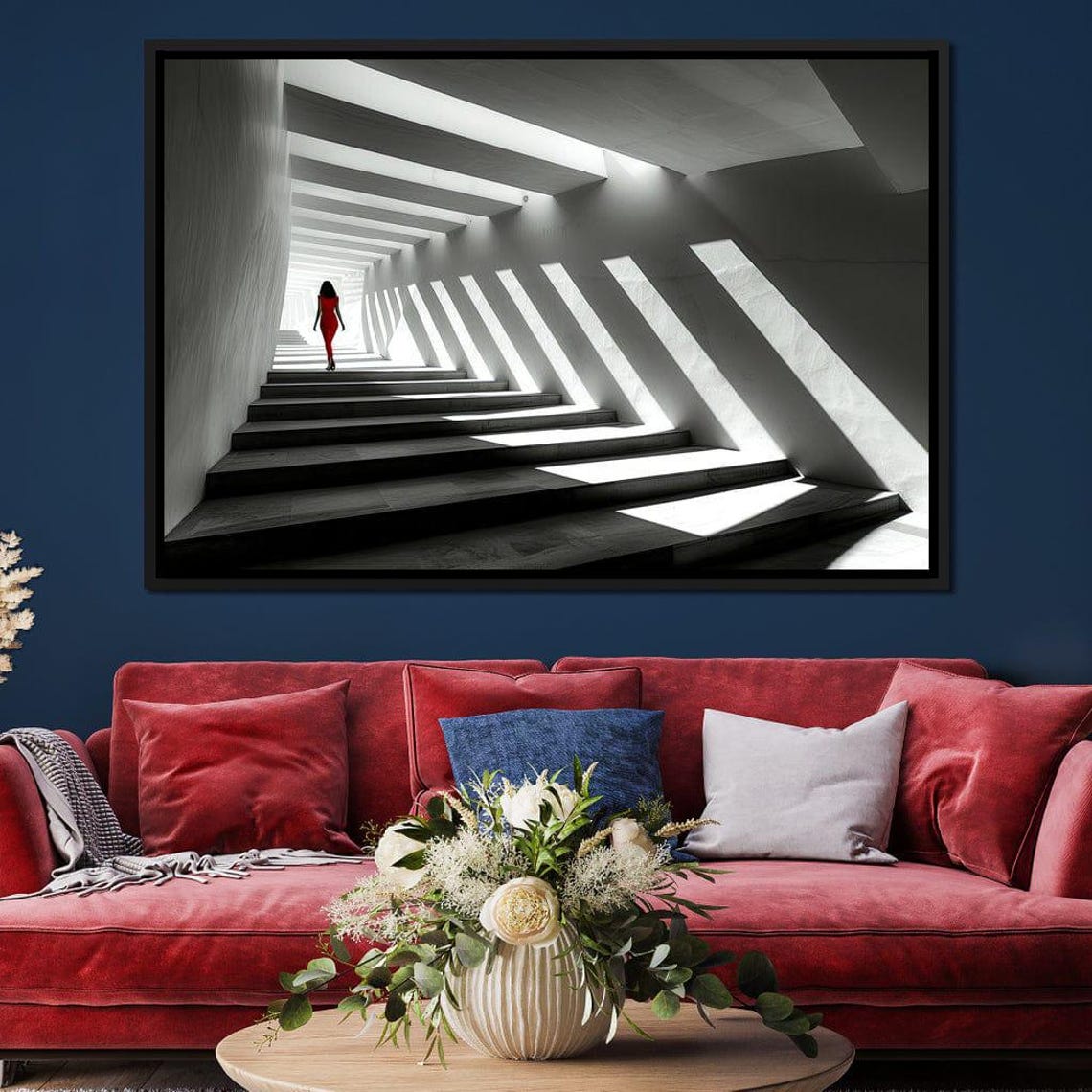 Concrete Staircase Red Dress Light Beam Minimalist Architecture Poster - Image 3