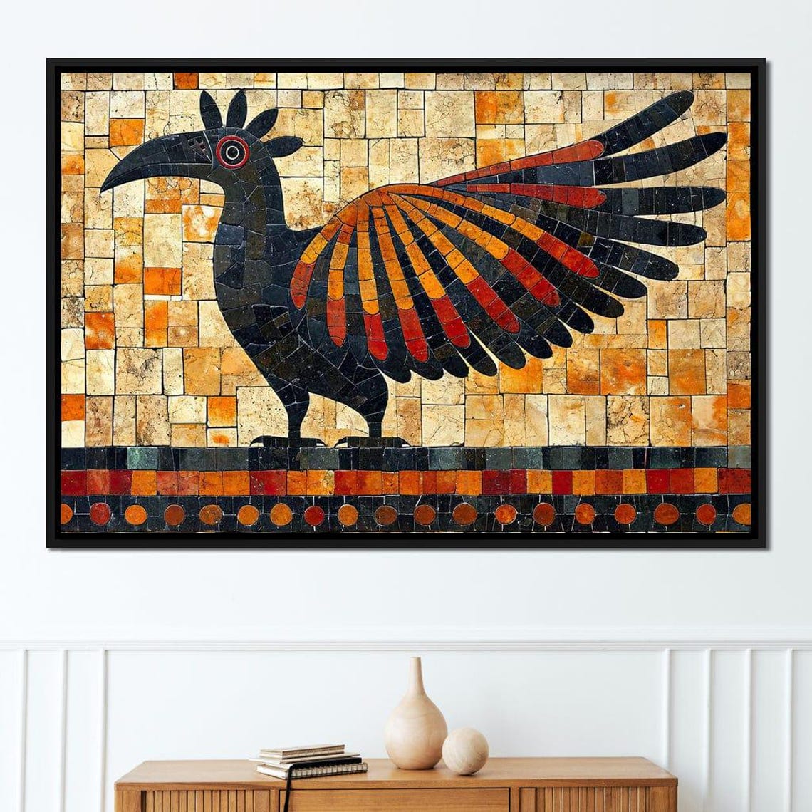 Mosaic Bird in Flight Black Orange Tiles Folk Art Style Wall Art Print - Image 4