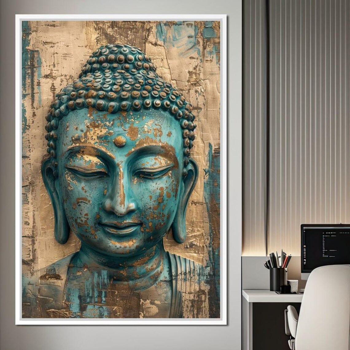 Serene Teal Buddha Face Gold Accents Zen Spiritual Wall Art Poster