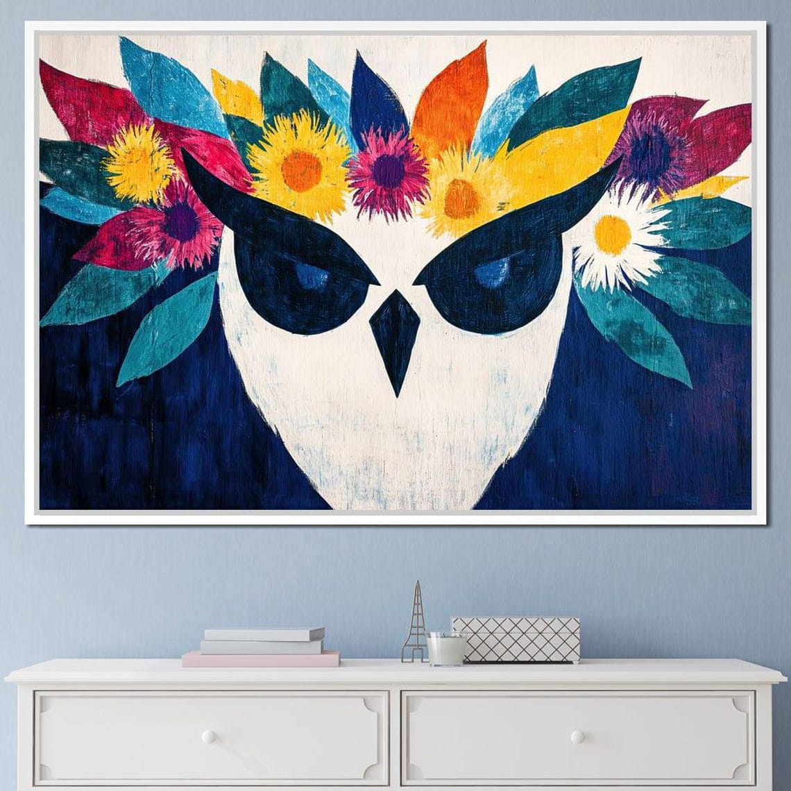 Owl Face Close Up With Colorful Floral Crown Boho Wildlife Poster - Image 3