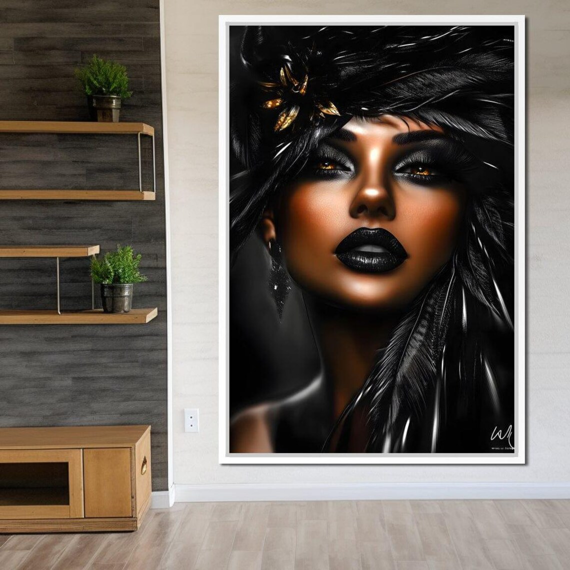 Dark Glamour Woman Golden Eyes Black Feathers Portrait Wall Art Poster - Image 3