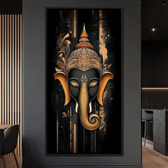Golden Ganesha Black Gold Hindu Deity Ornate Spiritual Wall Art Poster