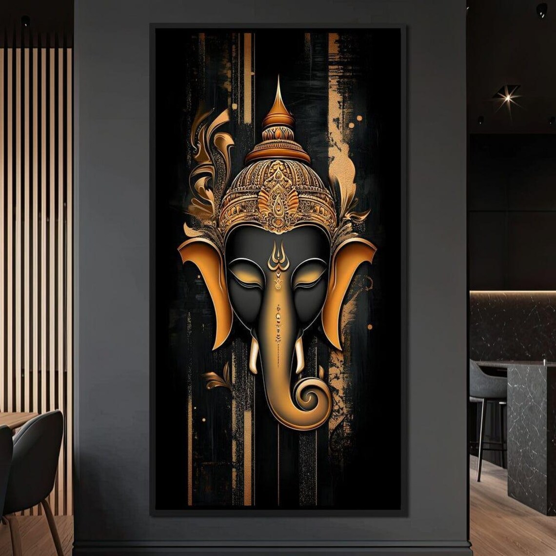 Golden Ganesha Black Gold Hindu Deity Ornate Spiritual Wall Art Poster