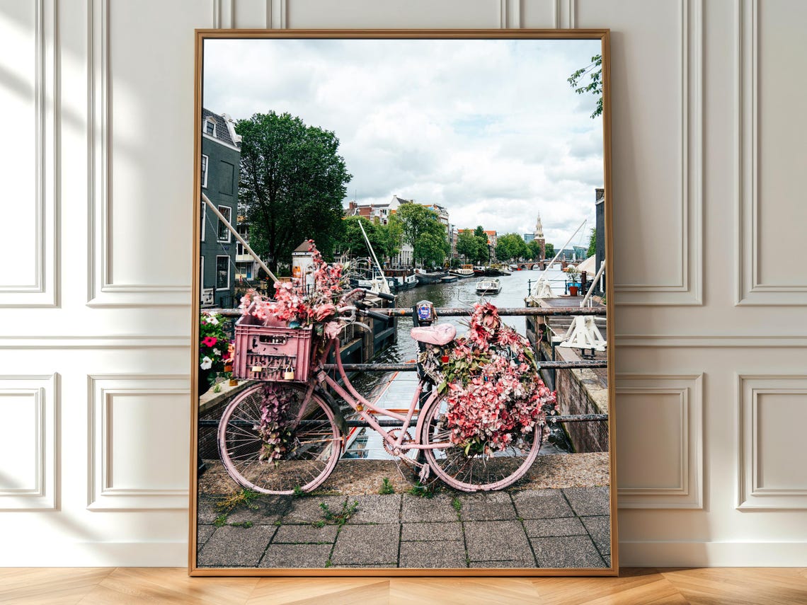 Pink Flower Bicycle On Amsterdam Canal Bridge Dutch Travel Poster