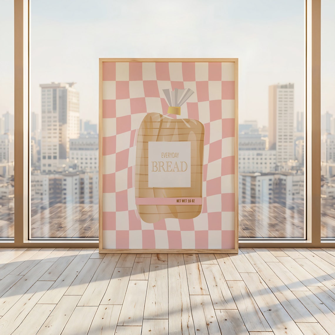 Everyday Bread Bag Illustration Pink Checkered Kitchen Art Poster - Image 3