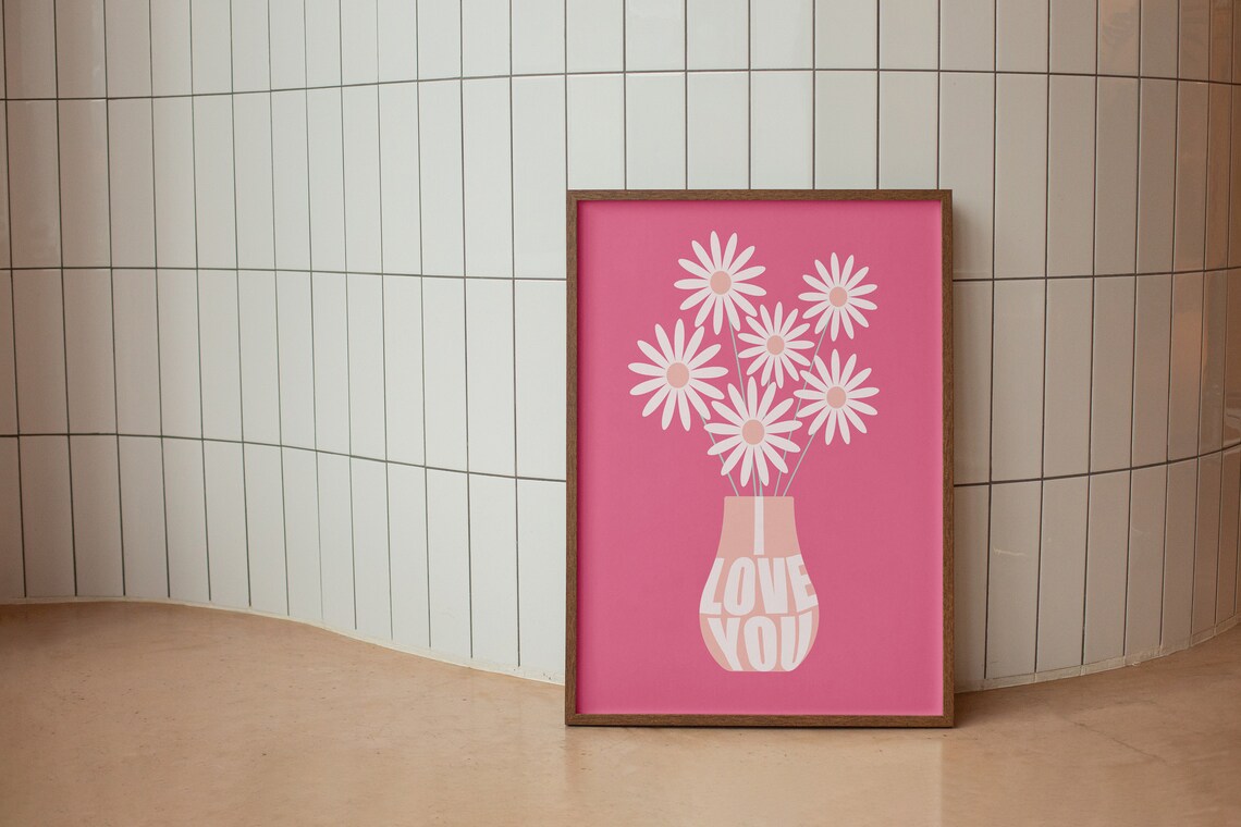 Pink Love You Flower Vase White Daisy Bouquet Romantic Art Poster - Image 2