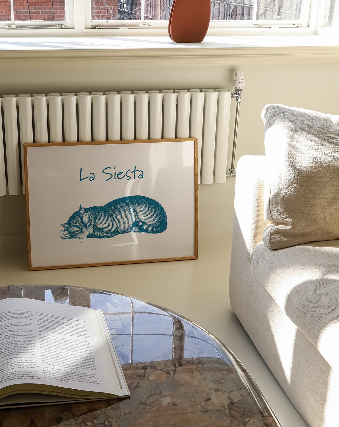 La Siesta Sleeping Cat Blue Vintage Funny Cat Illustration Poster - Image 2