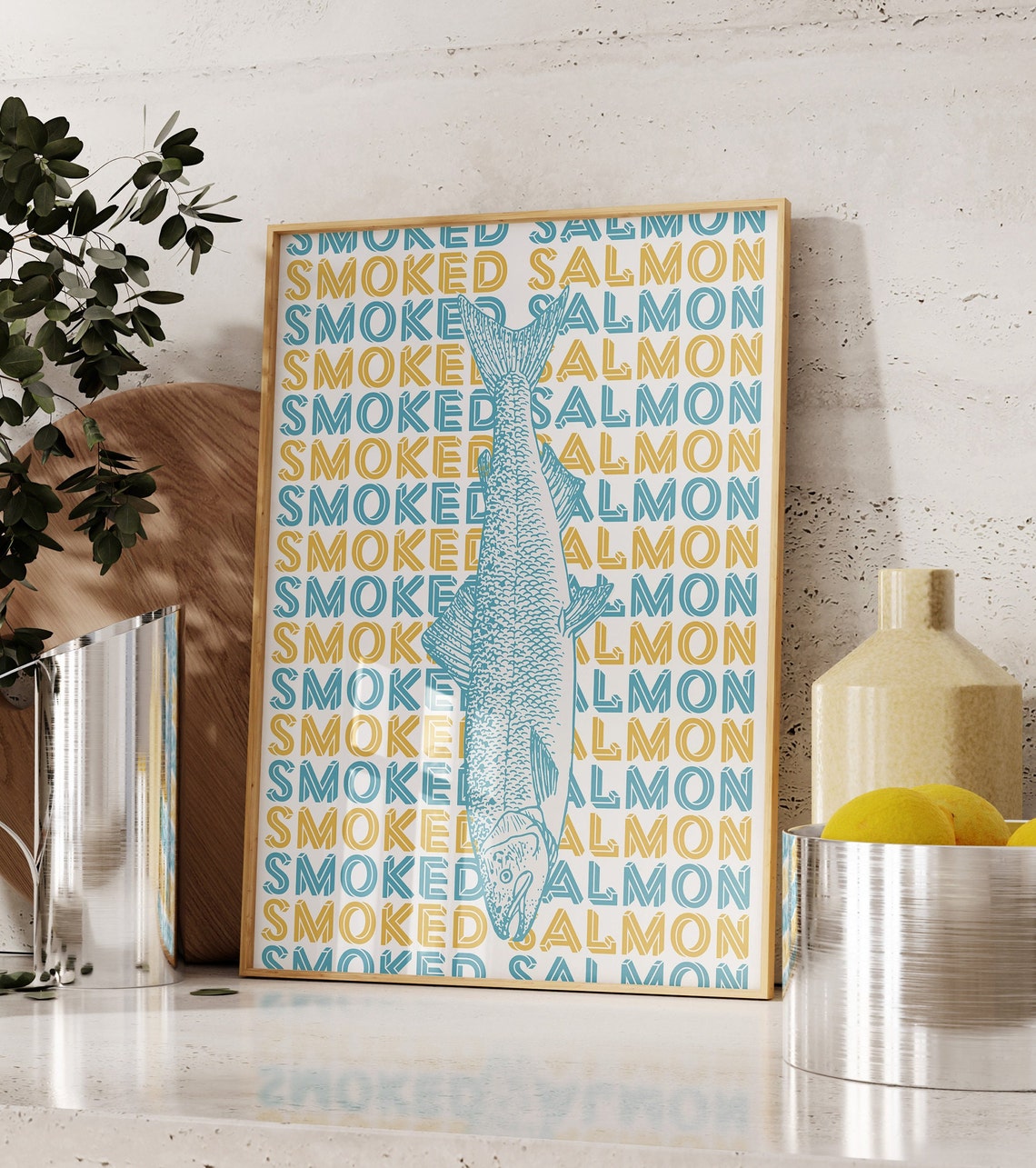 Smoked Salmon Fish Illustration Blue Gold Repeated Text Poster