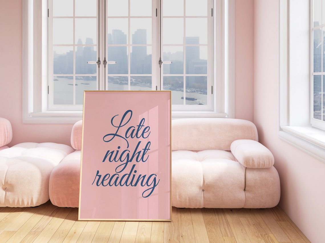 Late Night Reading Elegant Navy Script on Soft Pink Book Poster - Image 2