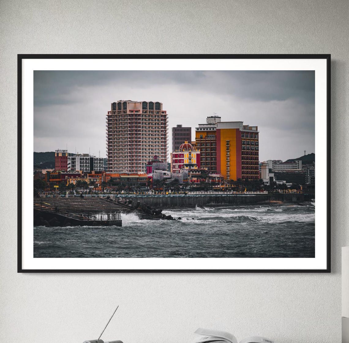 Busy Coastal City Skyline with Colorful Hotels by the Sea Poster