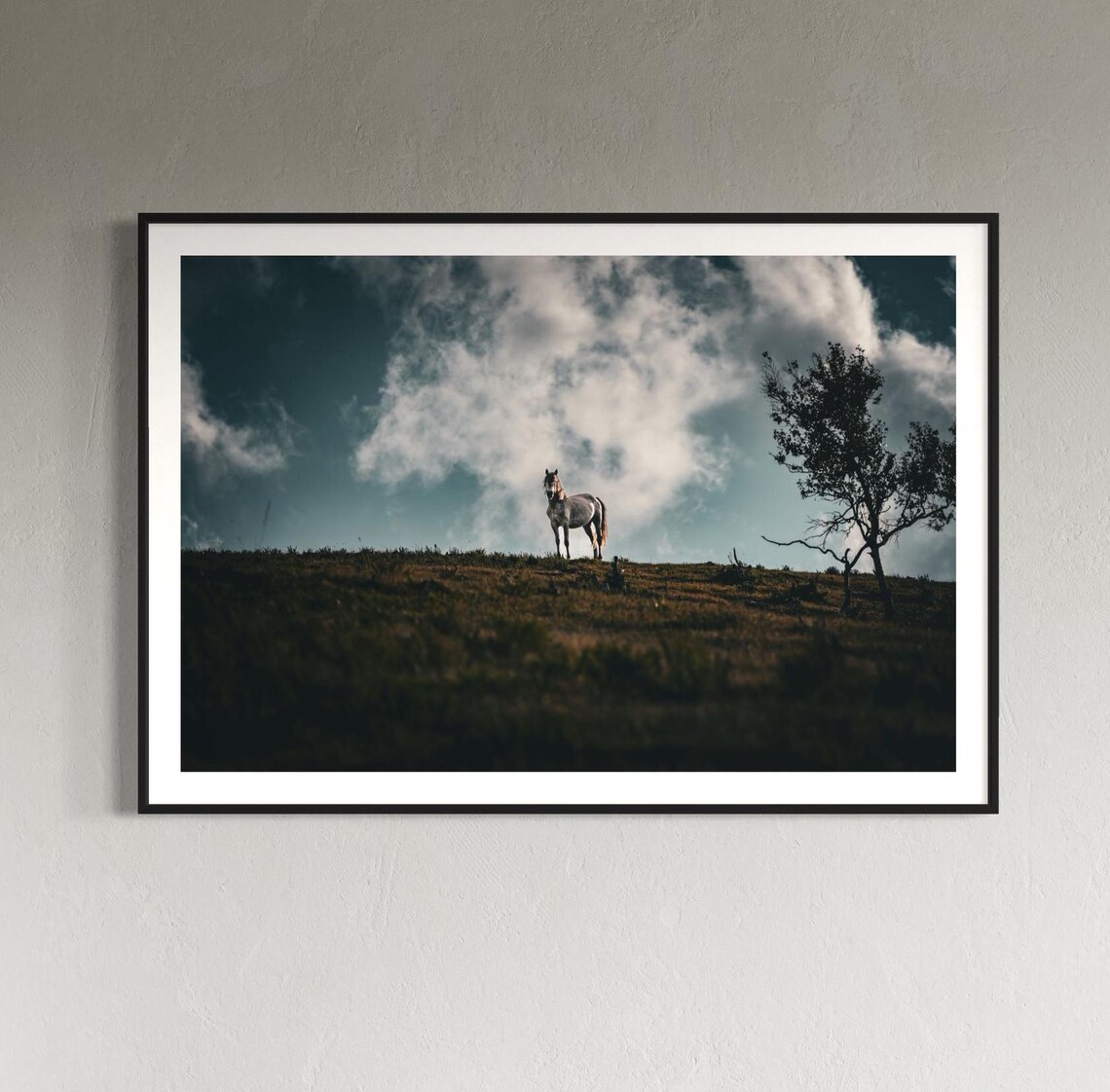 White Horse On Hilltop Dramatic Cloudy Sky Moody Nature Photo Poster
