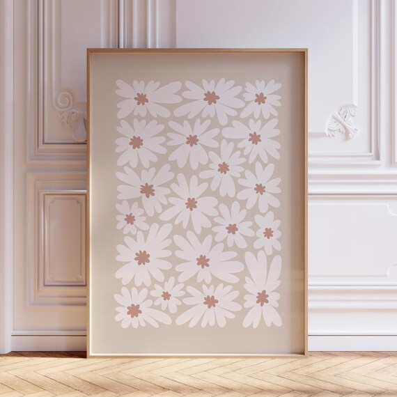 White Daisy Grid Floral Pattern Warm Beige Botanical Art Poster