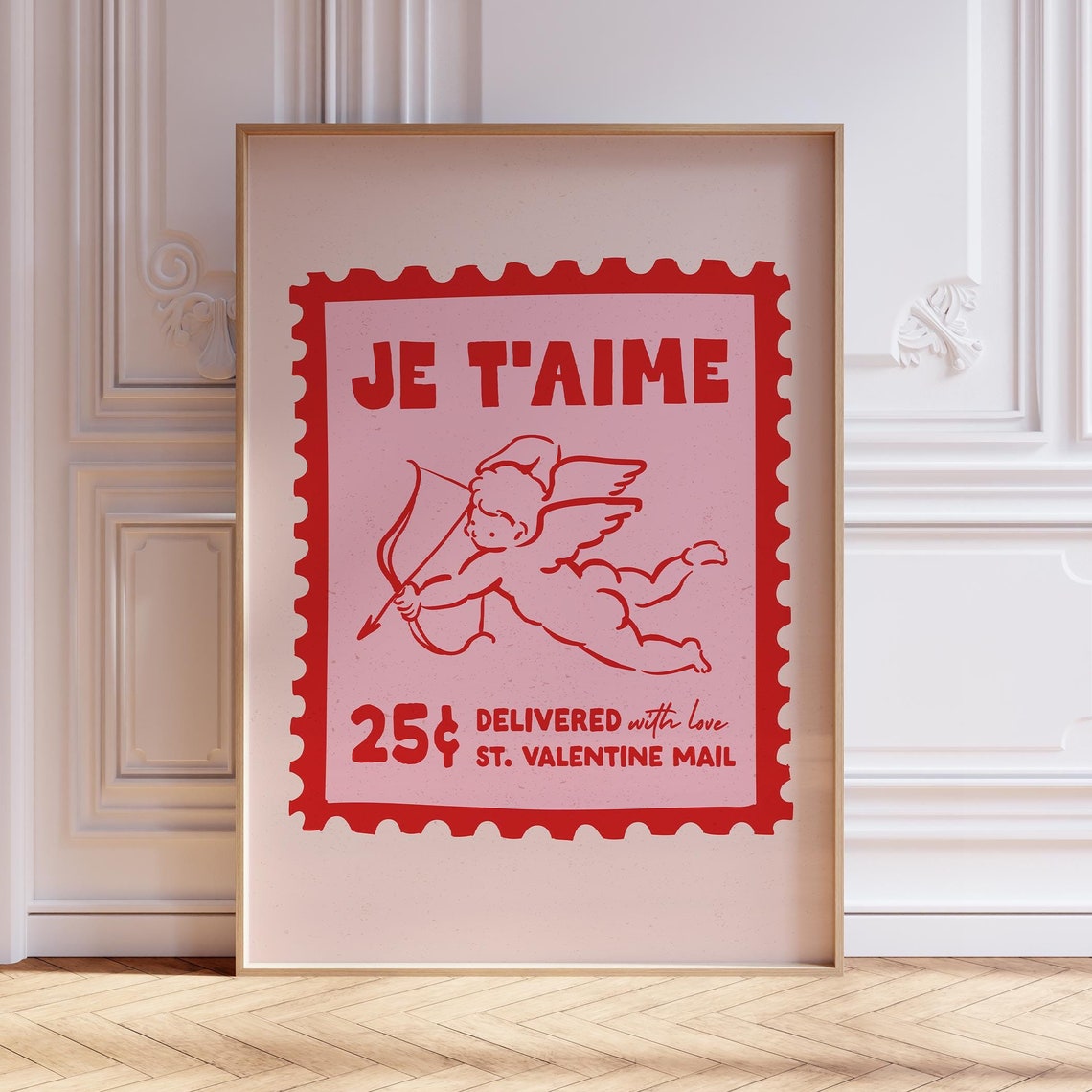 Je T'Aime Cupid Postage Stamp Retro Red Pink Valentines Day Poster
