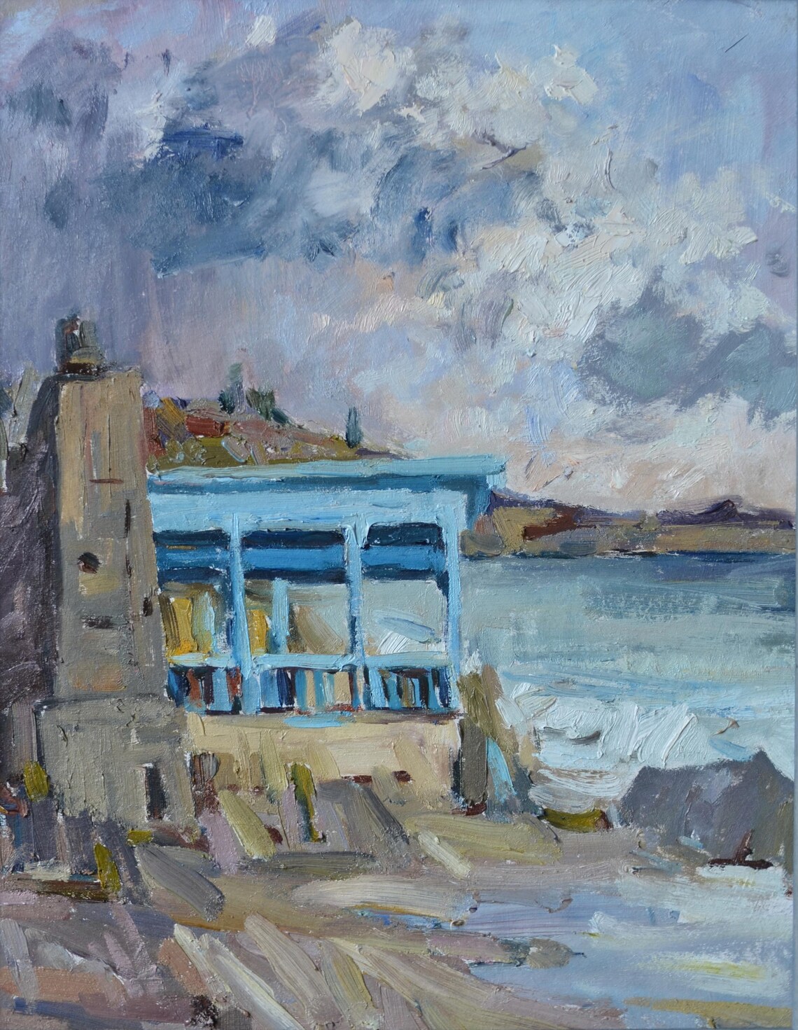 Stormy Seascape Beach Pavilion Old Tower Beach Oil Painting Framed Wall Print - Image 2