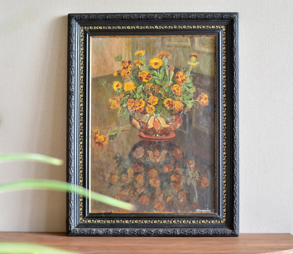 Vintage Still Life Flowers, Retro Oil Painting