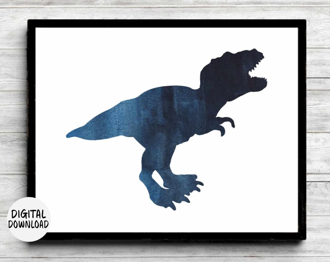 Bold Blue Watercolor T-rex Dinosaur Silhouette Boys Art Poster