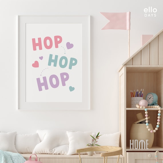 Cute Pastel Hop Hop Hop Easter Bunny Typography Nursery Wall Art