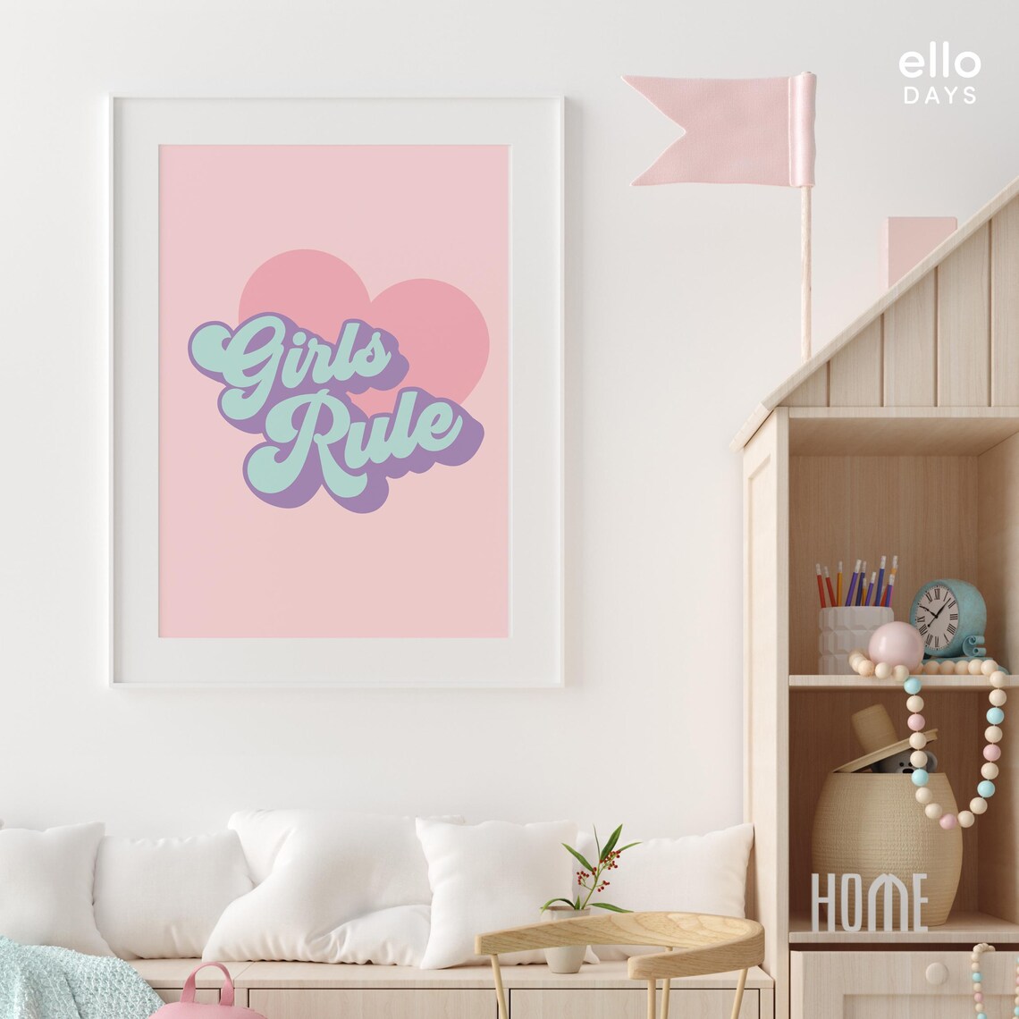 Girls Rule Retro Script Pink Heart Girls Room Quote Wall Poster - Image 3