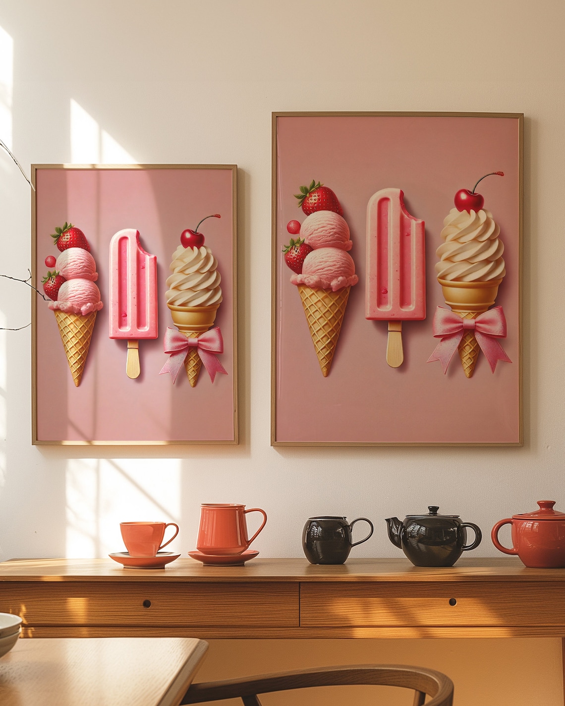 Pink Strawberry Ice Cream Trio Cute Summer Sweet Dessert Poster - Image 2