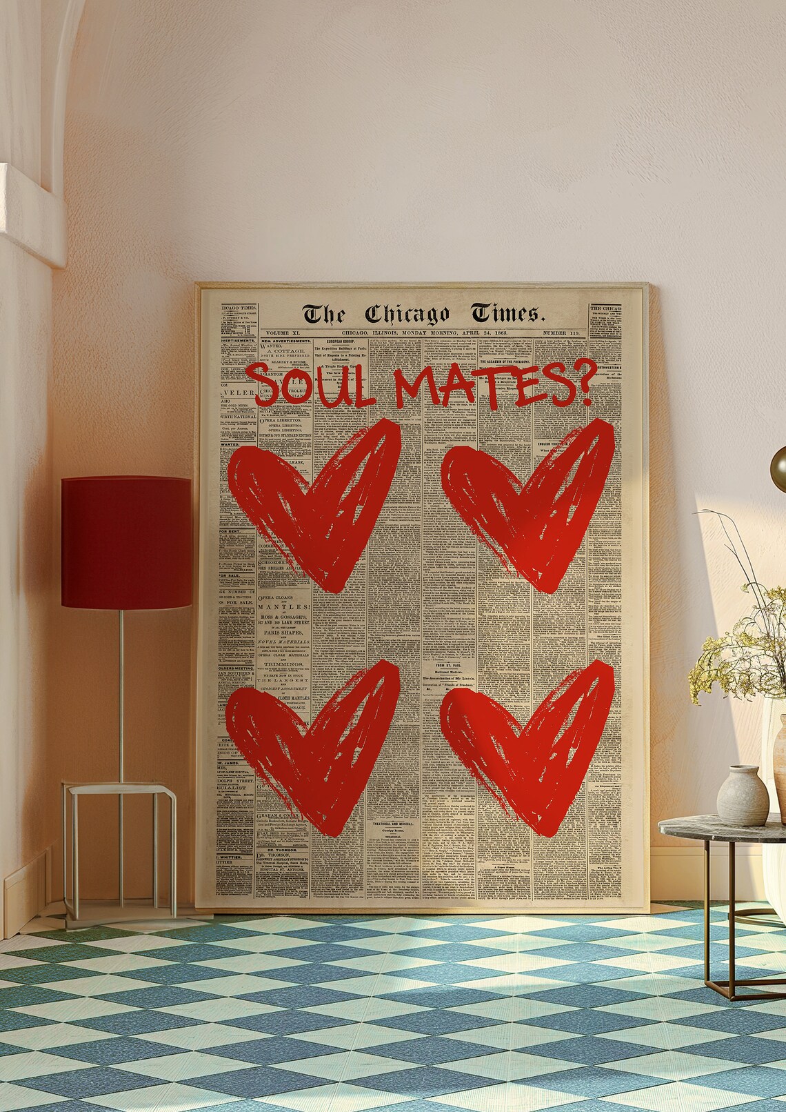 Soul Mates Chicago Times Vintage Newspaper Red Hearts Love Poster - Image 2