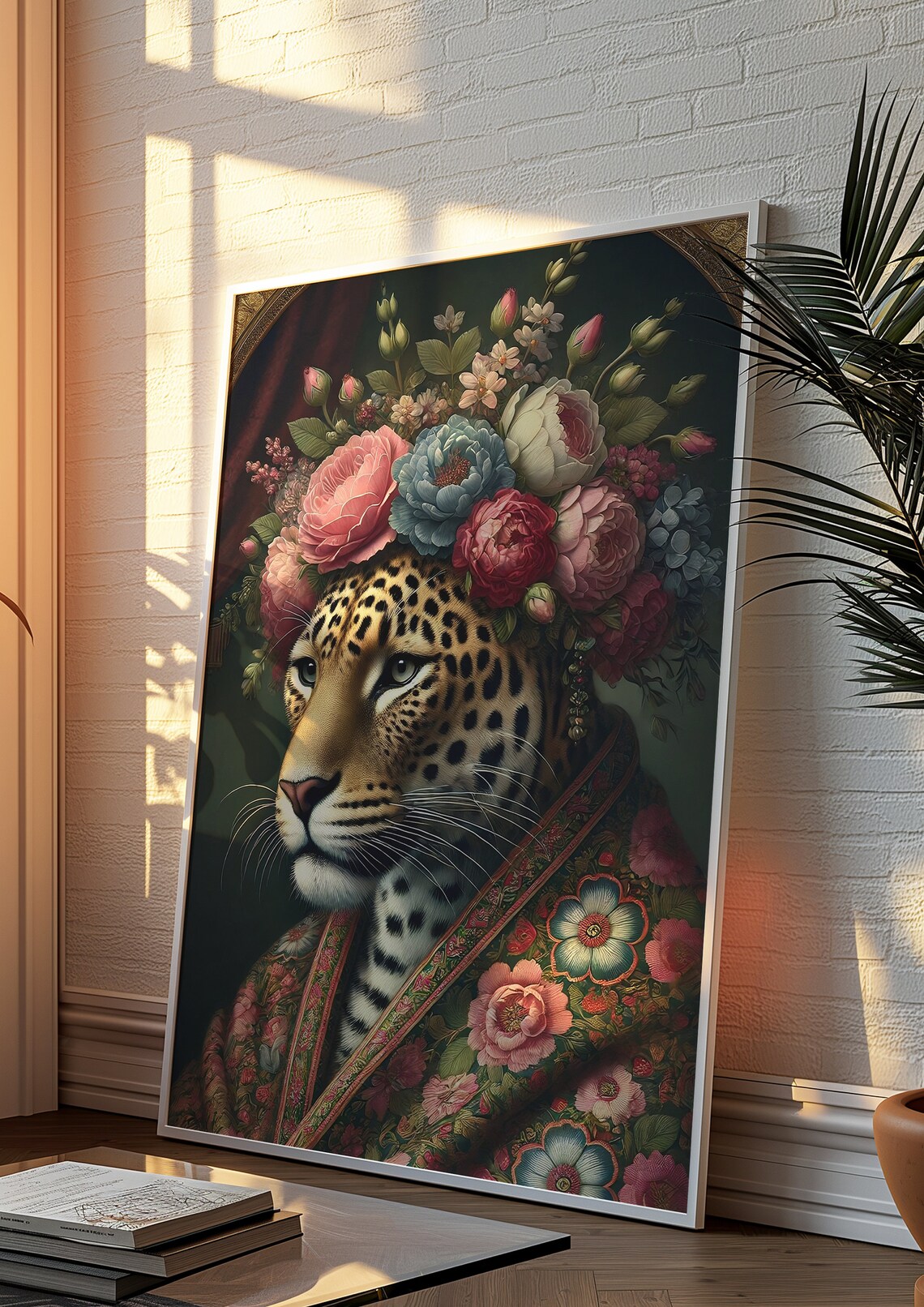 Leopard In Floral Headdress Regal Maximalist Baroque Art Poster - Image 2