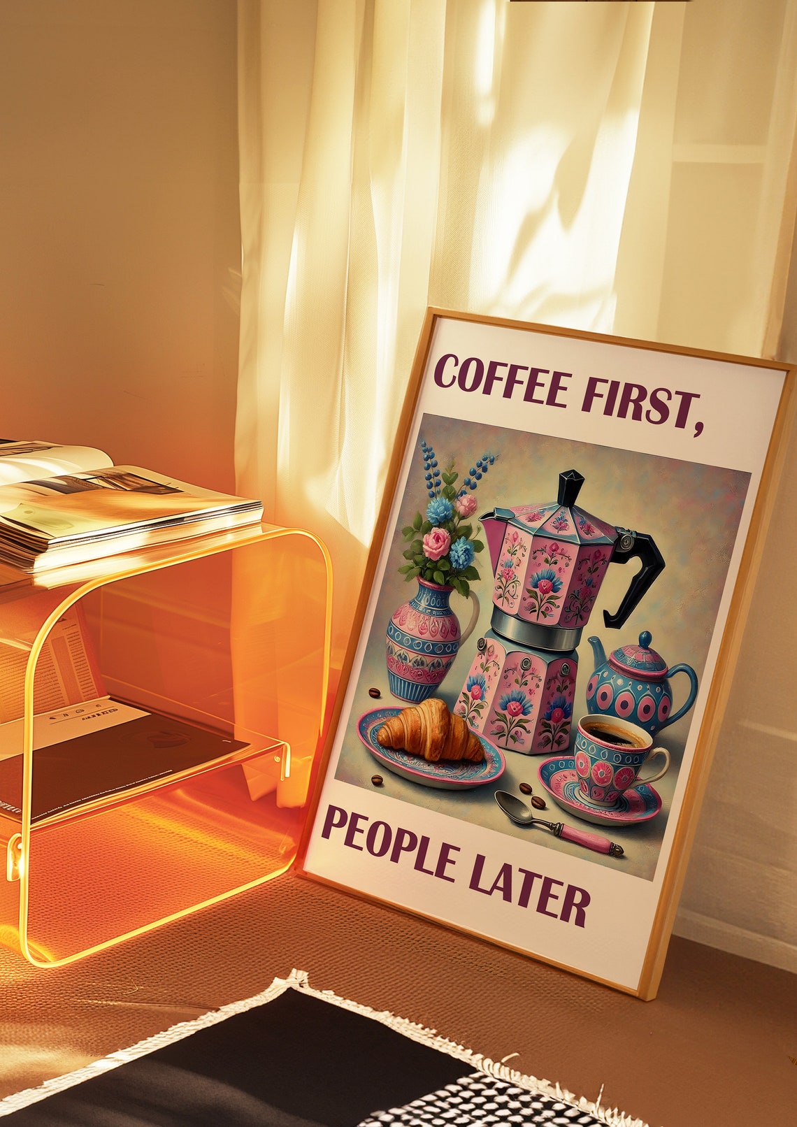 Coffee First People Later Funny Pink Floral Moka Pot Quote Poster - Image 3