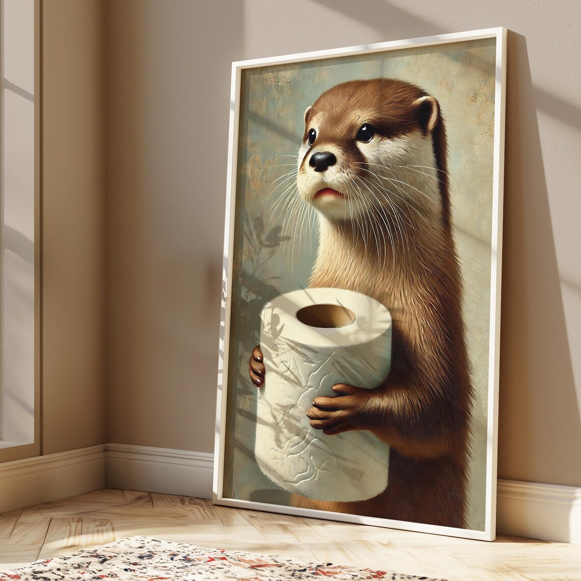 Adorable Otter Hugging Toilet Paper Roll Funny Bathroom Wall Art - Image 2