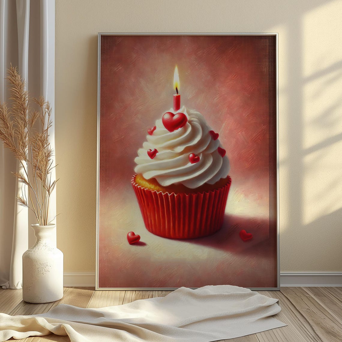 Valentine Cupcake with Candle Painterly Heart Dessert Poster - Image 2
