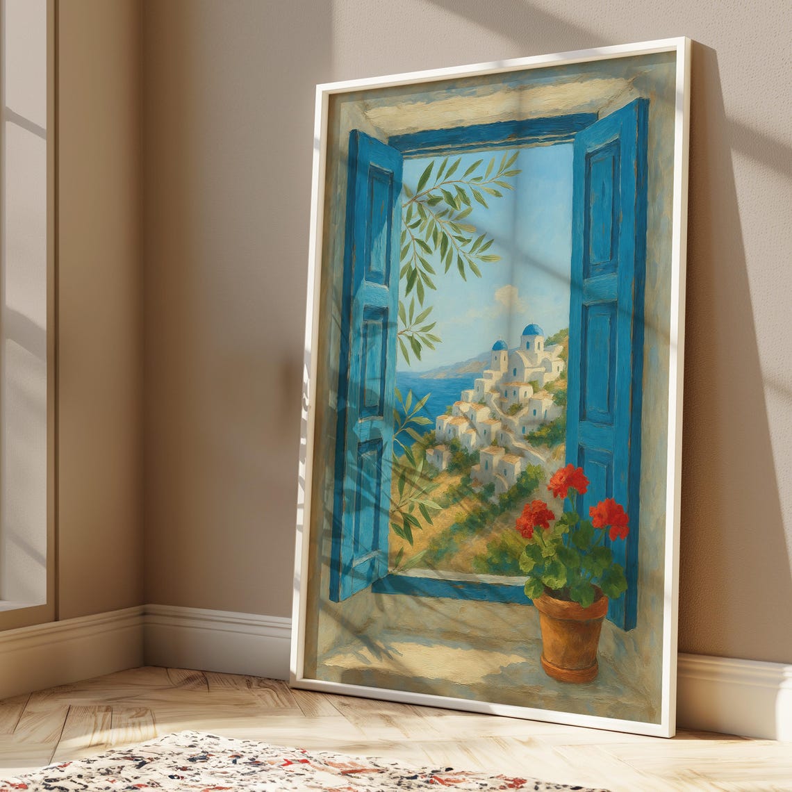 Blue Shutters Santorini Greece View Mediterranean Window Poster - Image 4