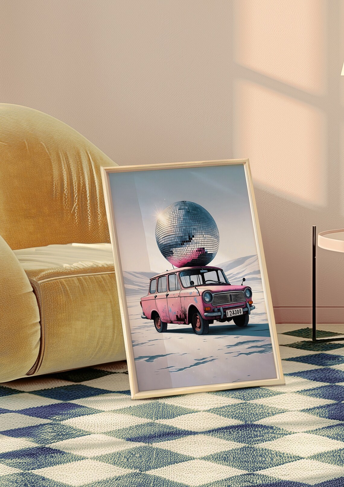 Pink Retro Car Giant Disco Ball Roof Snowy Road Scene Poster - Image 4