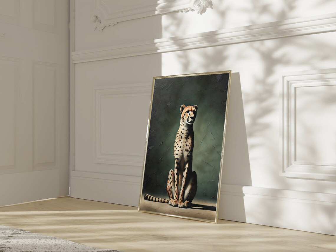 Regal Seated Cheetah Portrait On Dark Green Wildlife Art Poster - Image 3