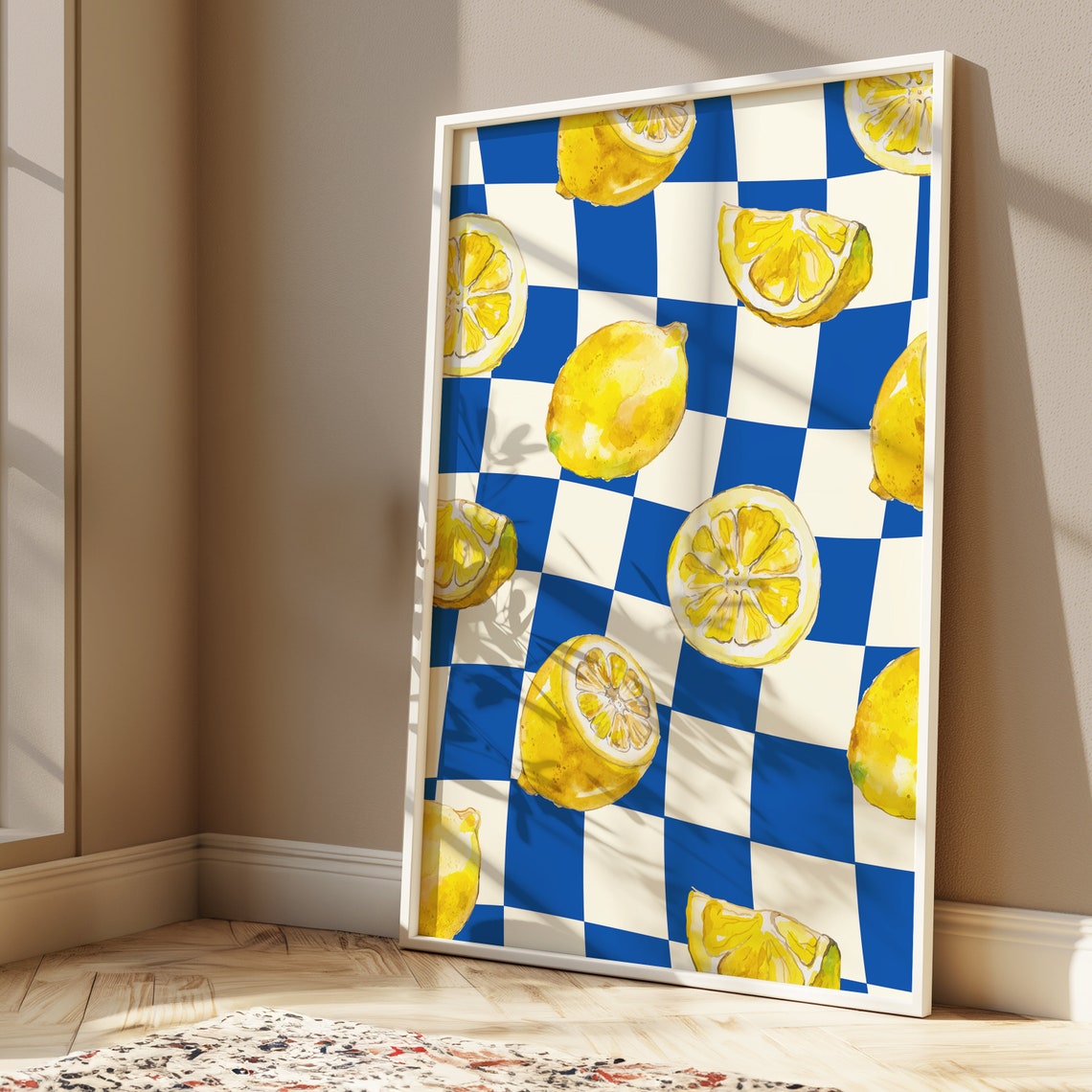 Sunny Lemon Checkerboard Blue And White Citrus Pattern Art Poster - Image 2