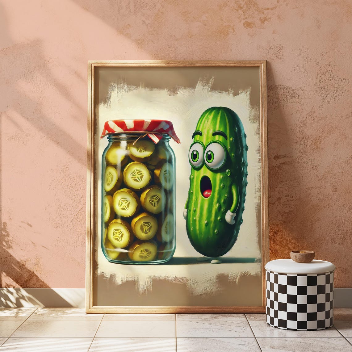 Funny Cartoon Pickle Character Beside Pickle Jar Kitchen Humor Poster - Image 3