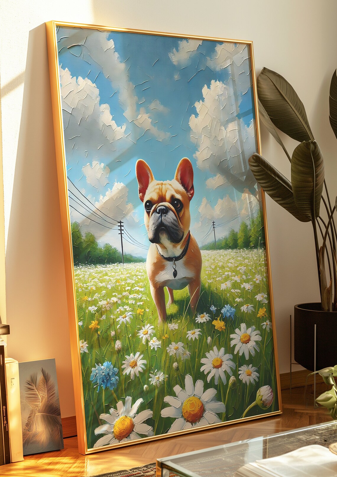 French Bulldog Daisy Meadow Oil Painting Style Animal Poster - Image 2