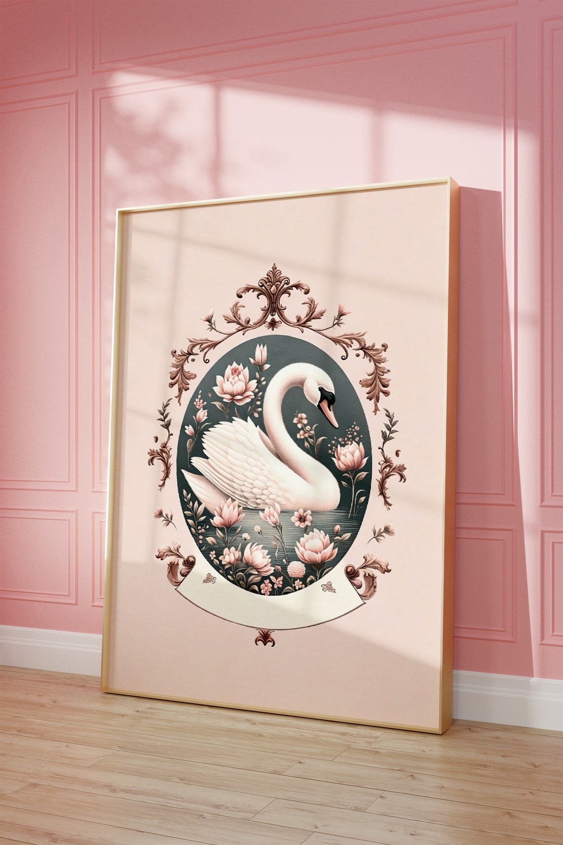 Elegant White Swan Vintage Cameo Blush Pink Ornate Frame Wall Art - Image 2