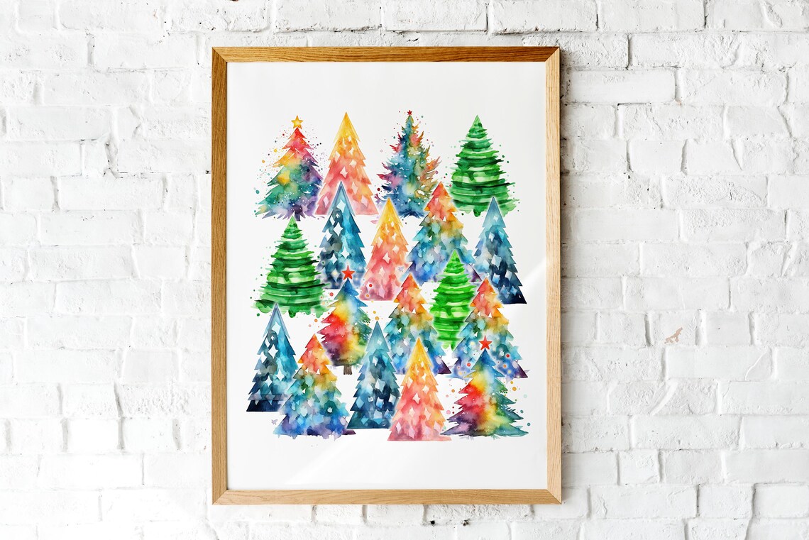 Rainbow Christmas Trees Watercolor Holiday Art Print