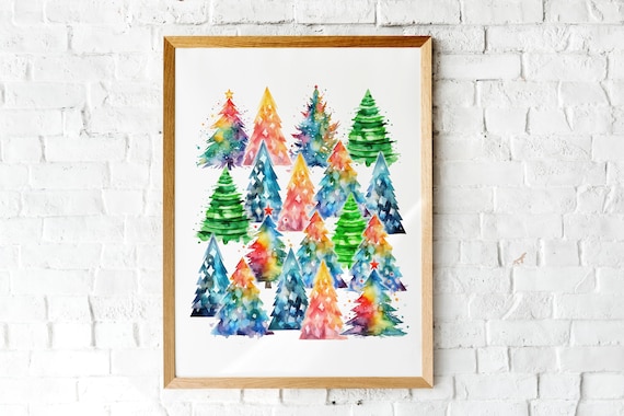 Rainbow Christmas Trees Watercolor Holiday Art Print