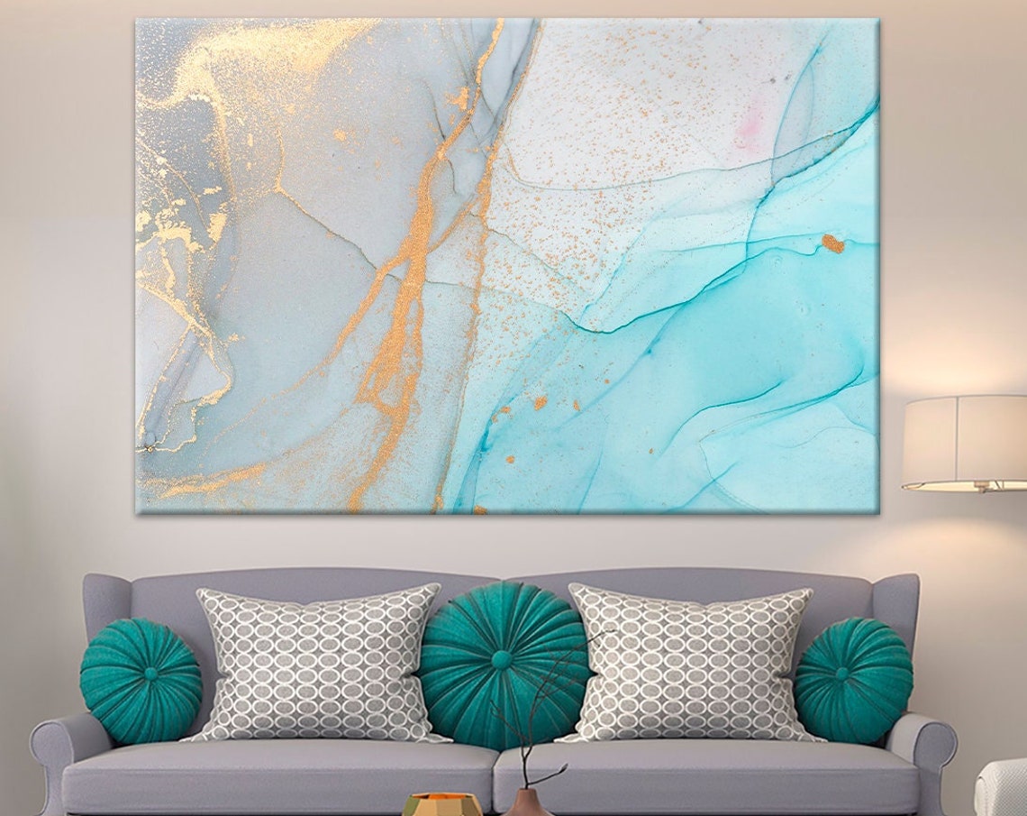 Soft Blue Teal Gold Veins Abstract Ink Modern Living Room Poster