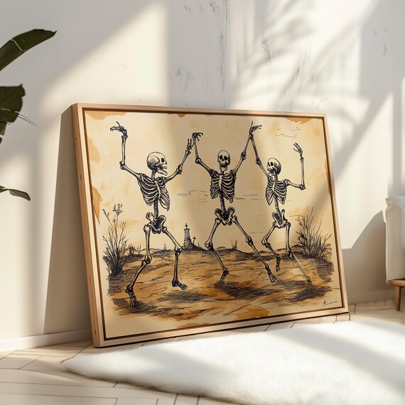 Three Dancing Skeletons Celebrating in a Vintage Graveyard Halloween Poster