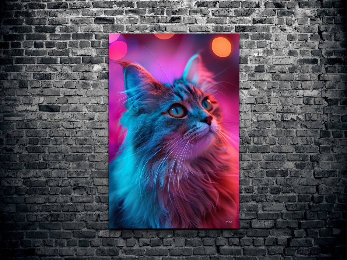 Long Haired Cat Neon Pink Blue Glow Portrait Moody Pet Poster - Image 2