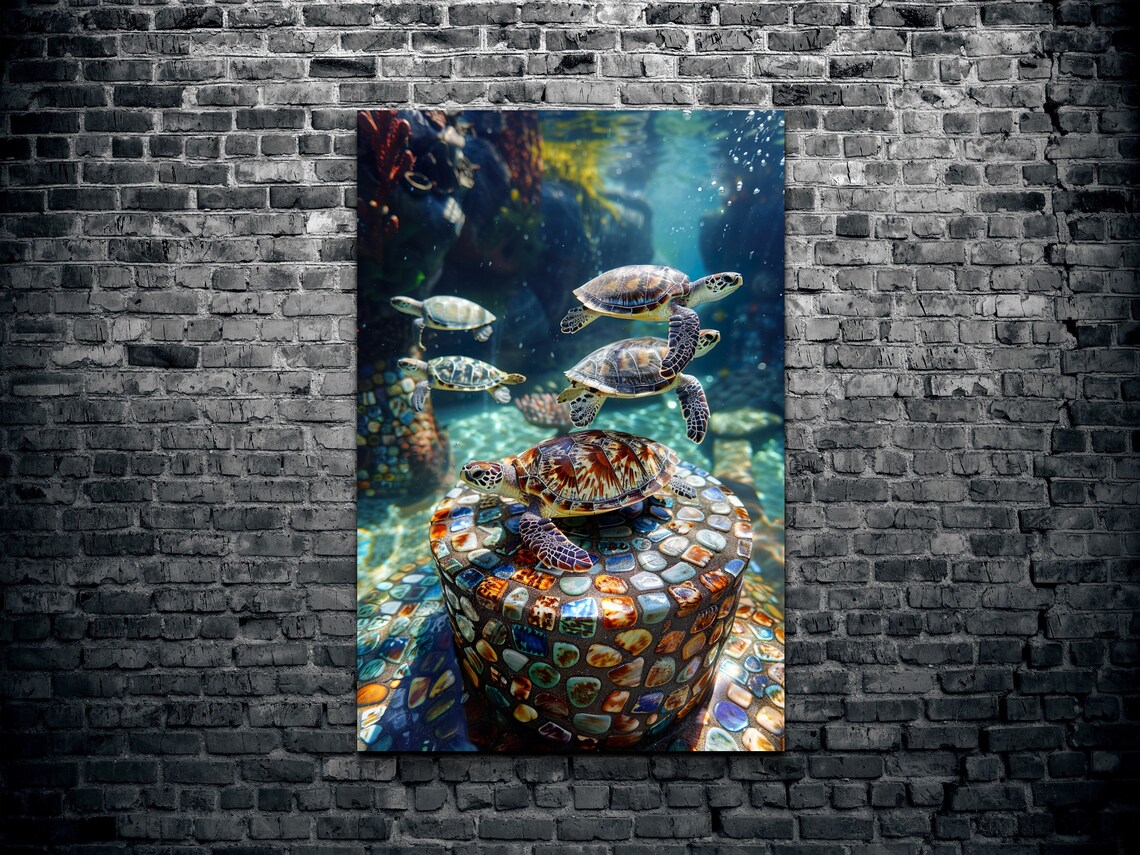 Sea Turtles Swimming Around Mosaic Underwater Column Wall Art - Image 2