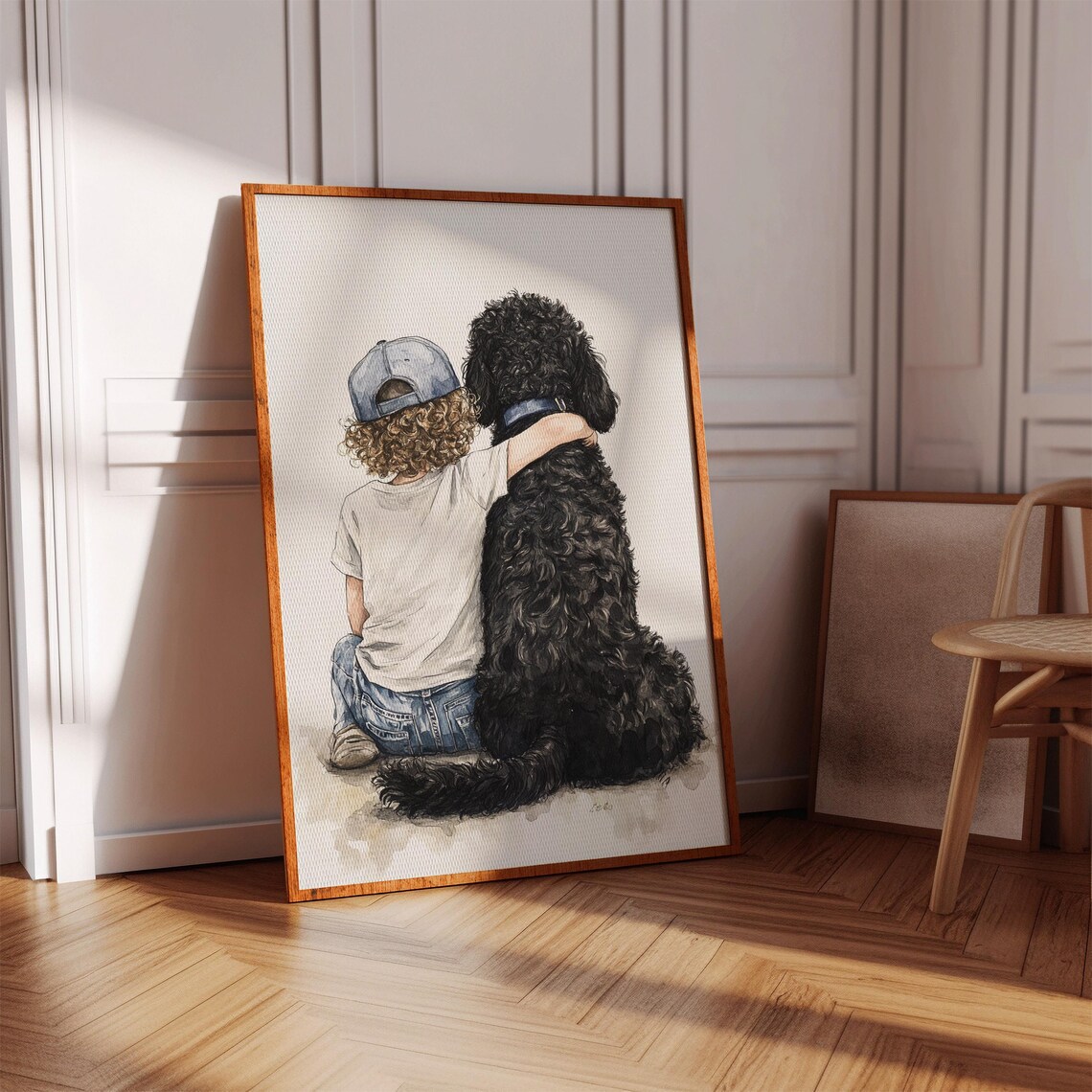 Boy Hugging Black Dog Best Friends Watercolor Pet Friendship Poster