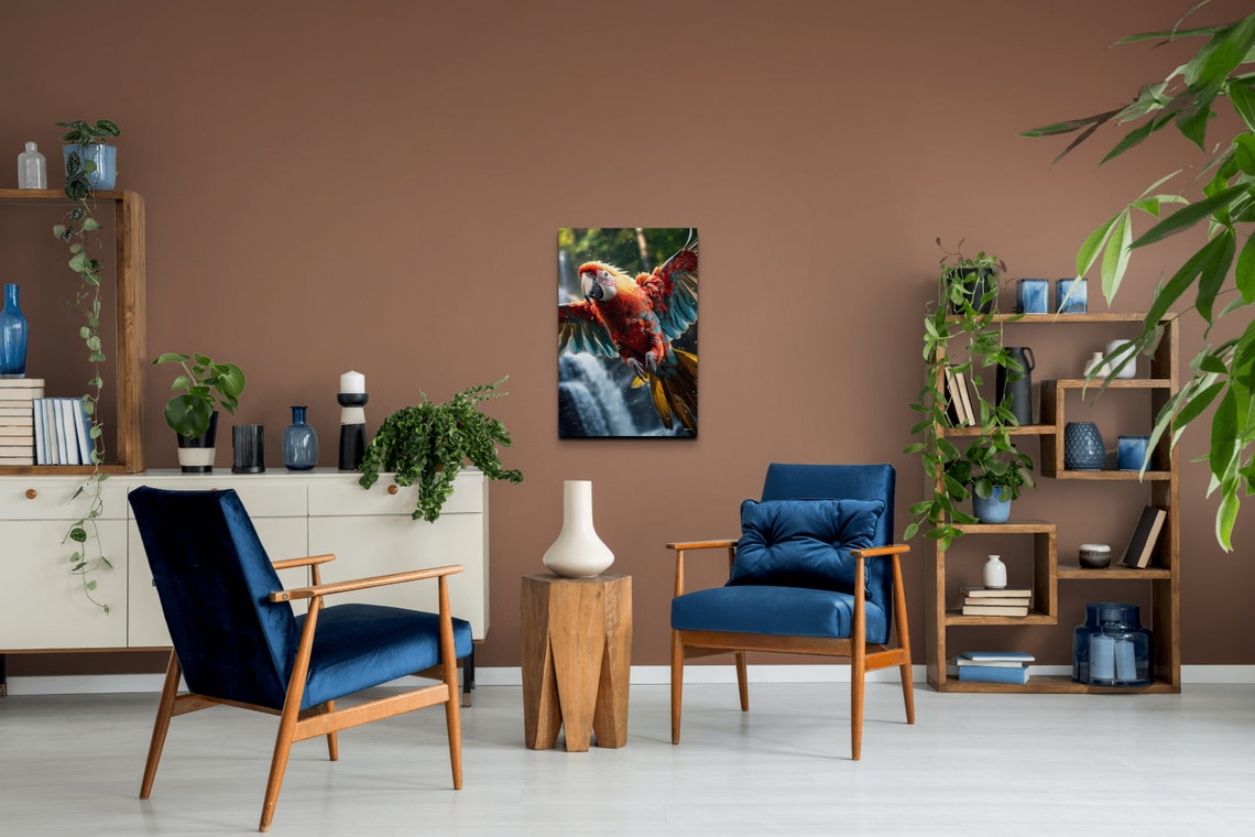 Scarlet Macaw Parrot Flying Past a Rainforest Waterfall Poster - Image 7