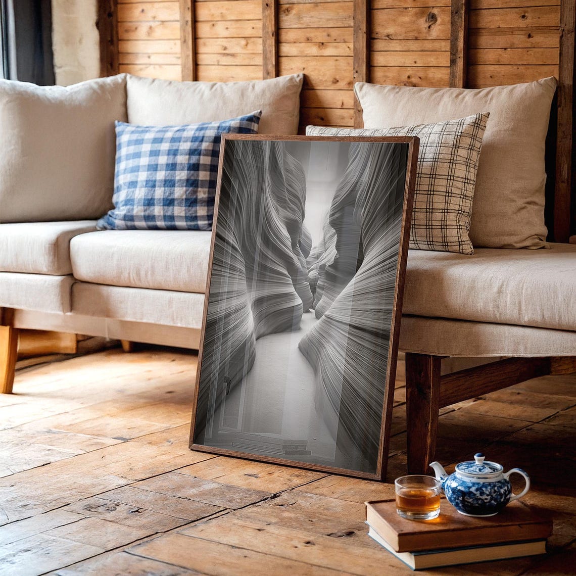 Dramatic Black and White Slot Canyon Light Beam Nature Photo Poster