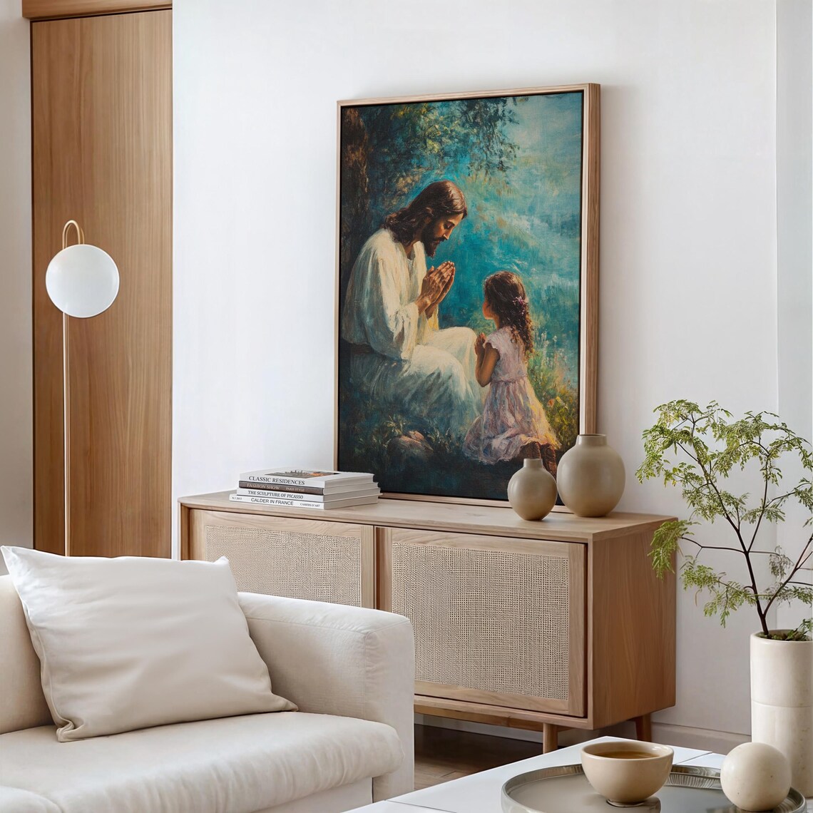 Jesus Kneeling in Prayer With a Little Girl in a Quiet Garden Poster - Image 5