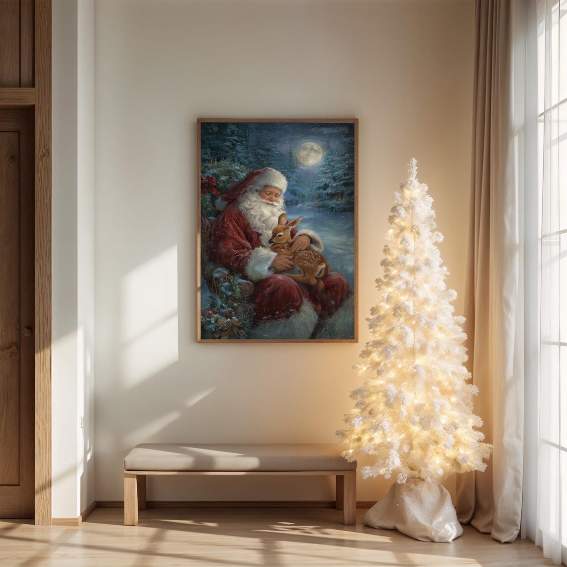 Santa Claus Cradling Fawn Under Winter Moonlight Painting Poster