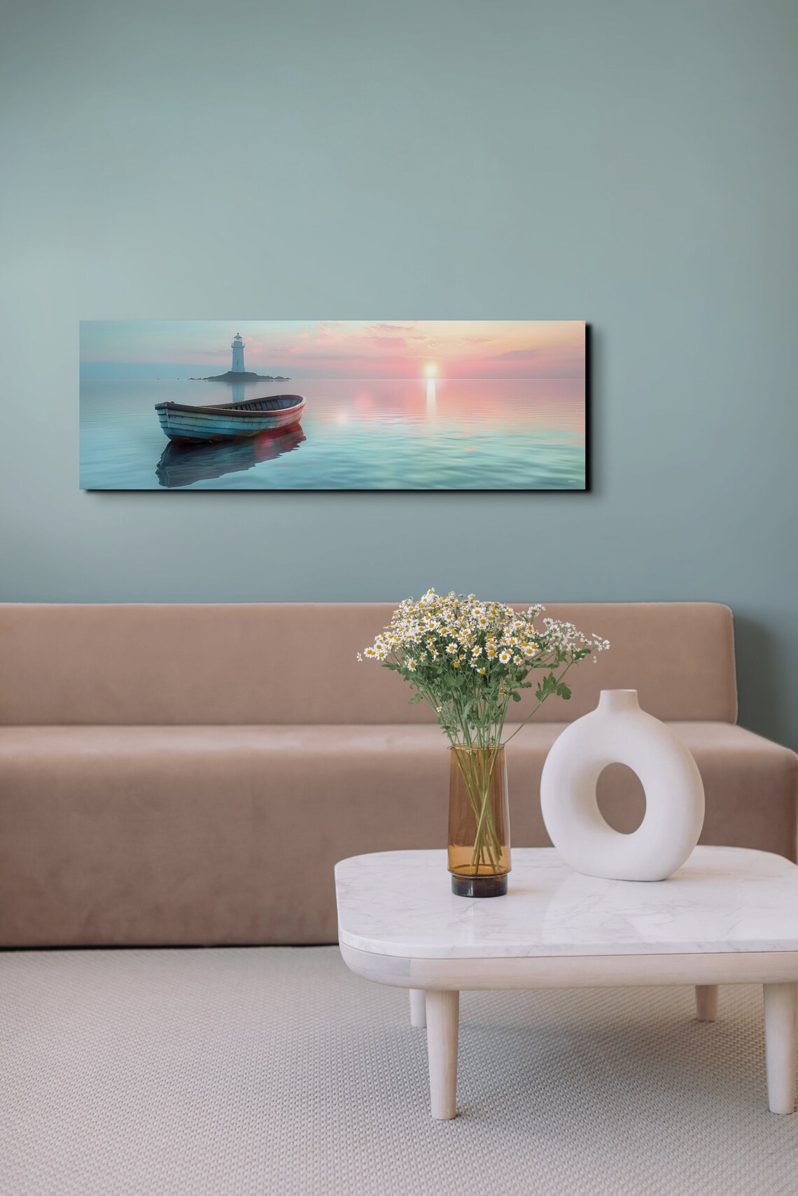 Wooden Rowboat on Calm Water With a Distant Lighthouse Panoramic Poster - Image 6
