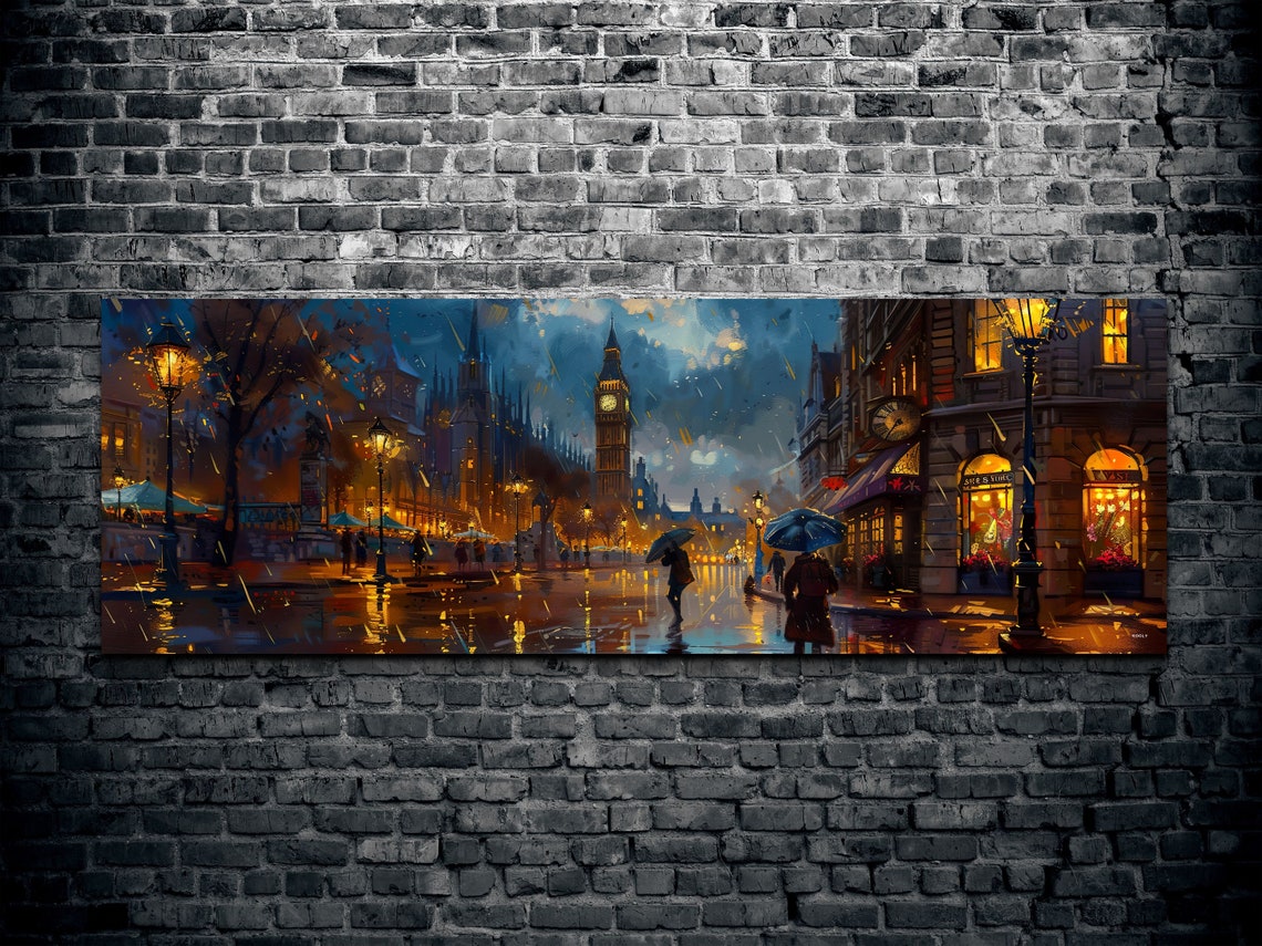 Rainy London Street Big Ben Night Panoramic Cityscape Poster - Image 2