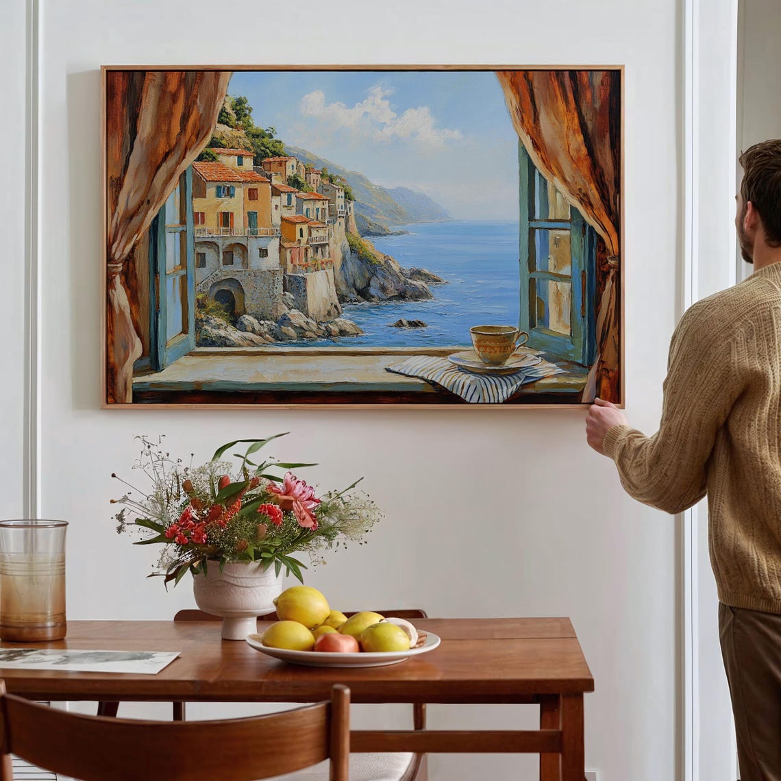Italian Seaside Village Cliff View Through Open Window Poster - Image 2
