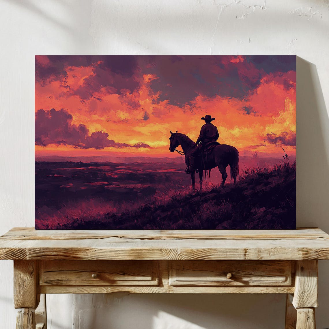 Cowboy Silhouette On Horseback At Deep Red Sunset Western Poster - Image 5